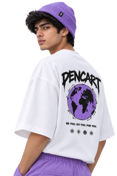 Dencart Streetwear Model wearing Purple Globe Tee and Beanie